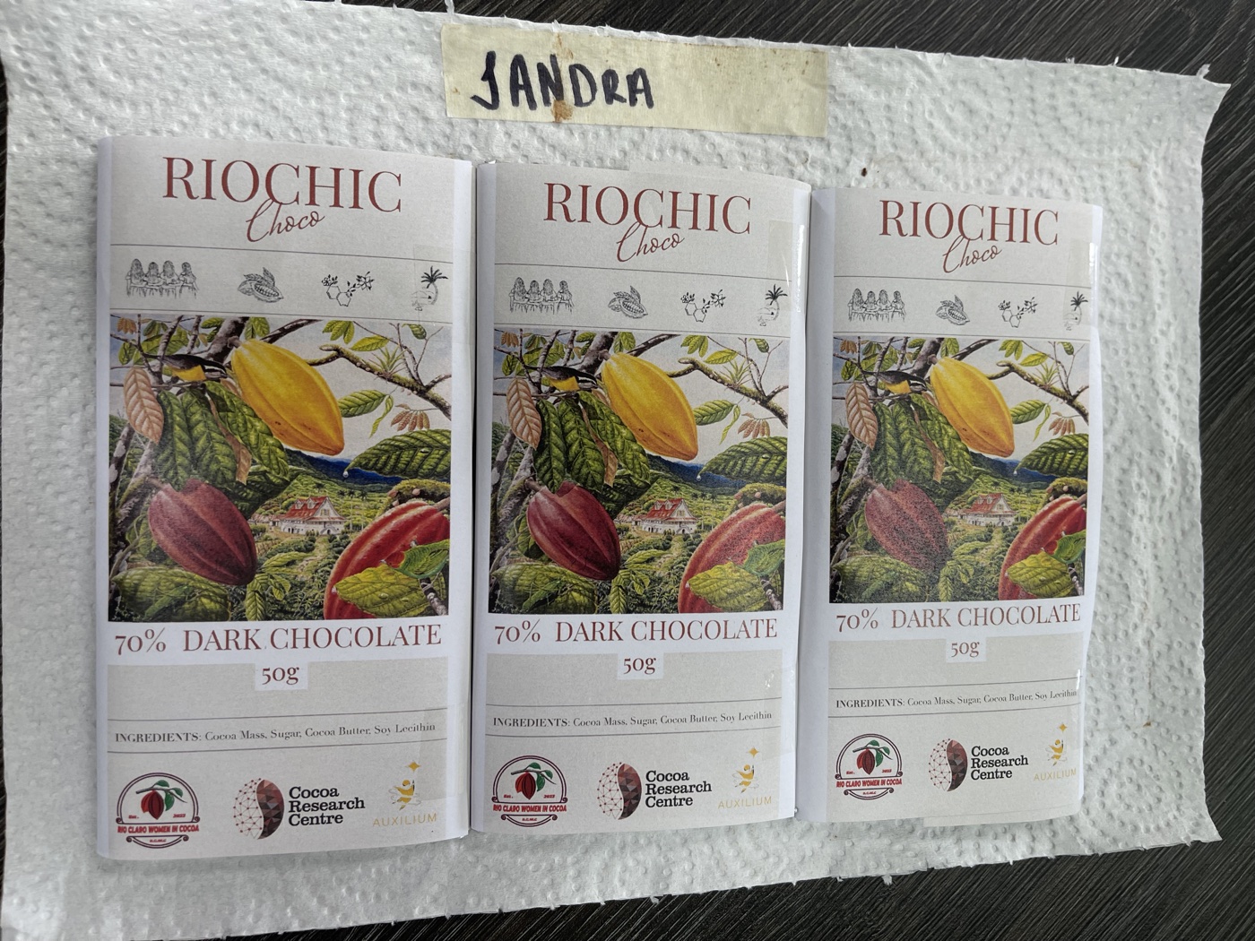 RIOCHIC 70% dark chocolate bars from the training session