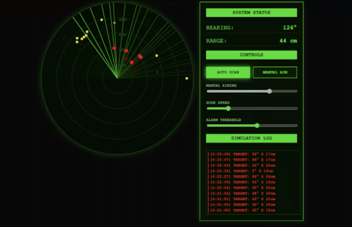 HTML5 canvas radar dashboard with sweep, bearing, range, and controls