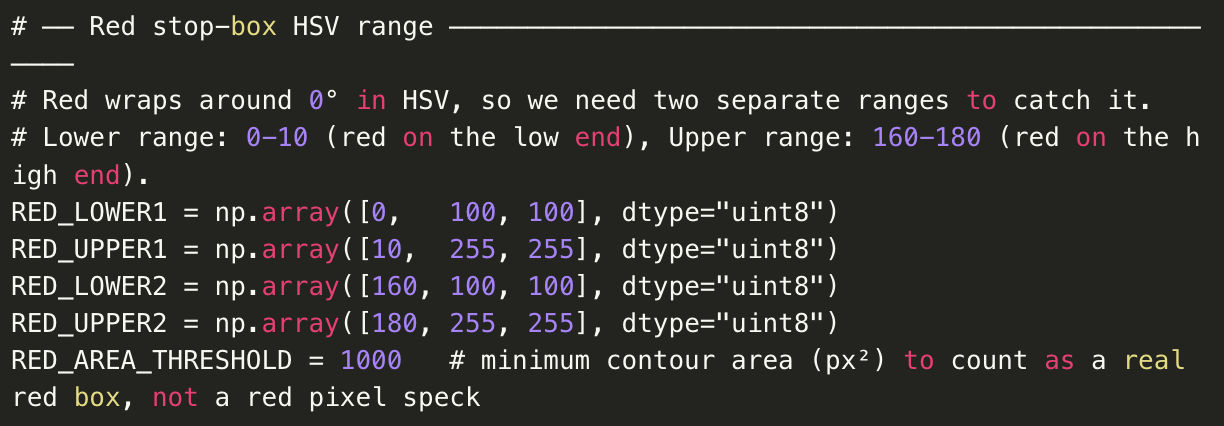 Red stop-box HSV range definitions from the source code