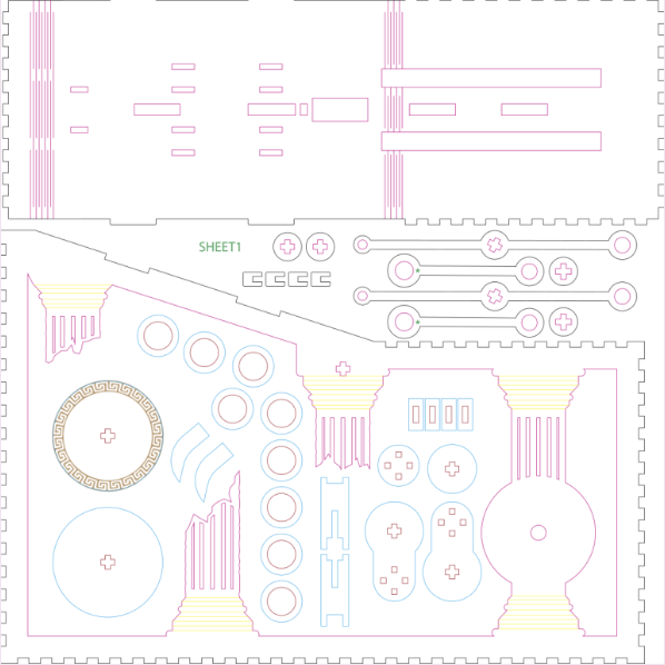 Laser-cut CAD layout showing all the wooden pieces