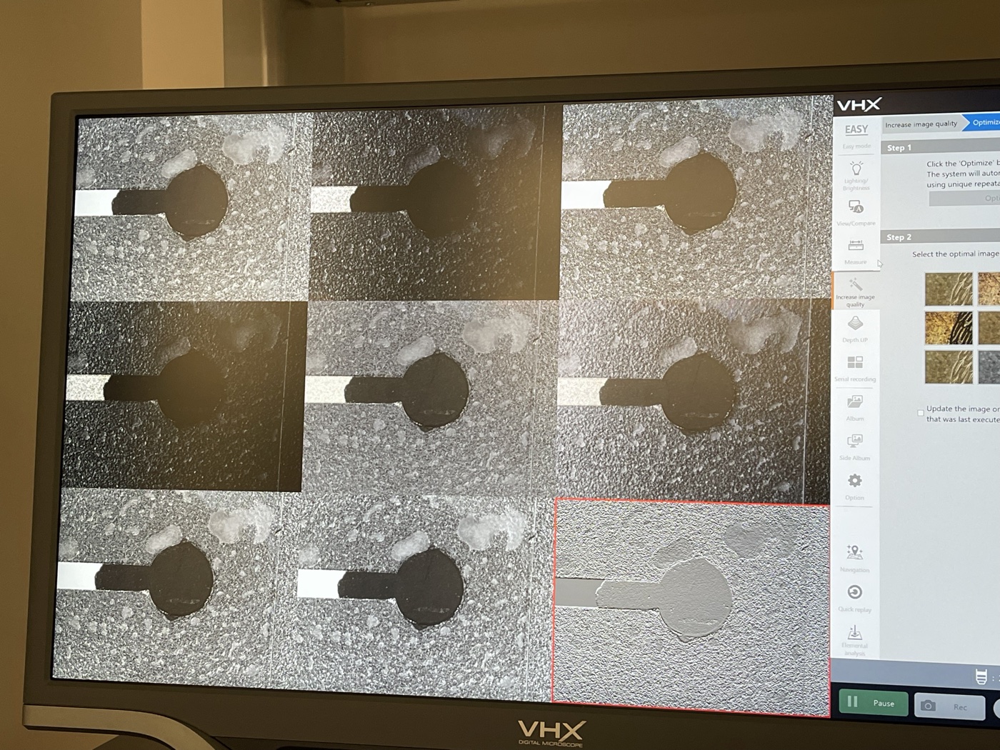 VHX microscope grid view of six electrode dots