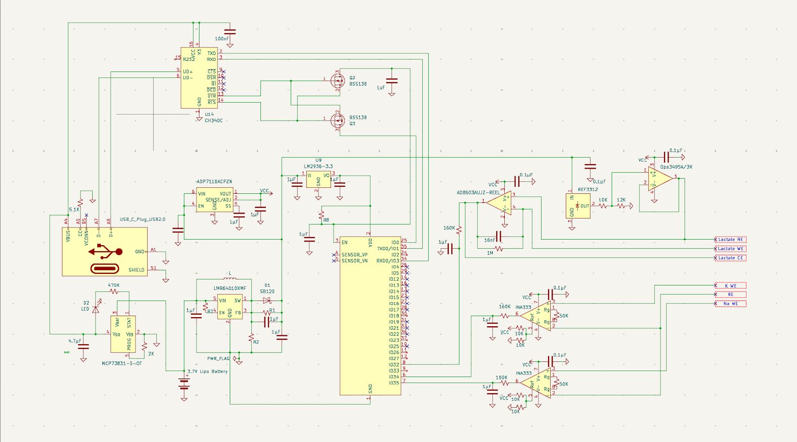 KiCad schematic showing dedicated lactate, potassium, and sodium electrode channels